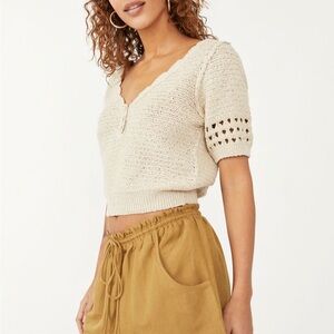 Free People Bree Pullover Short Sleeve Top Knit Beige Size M